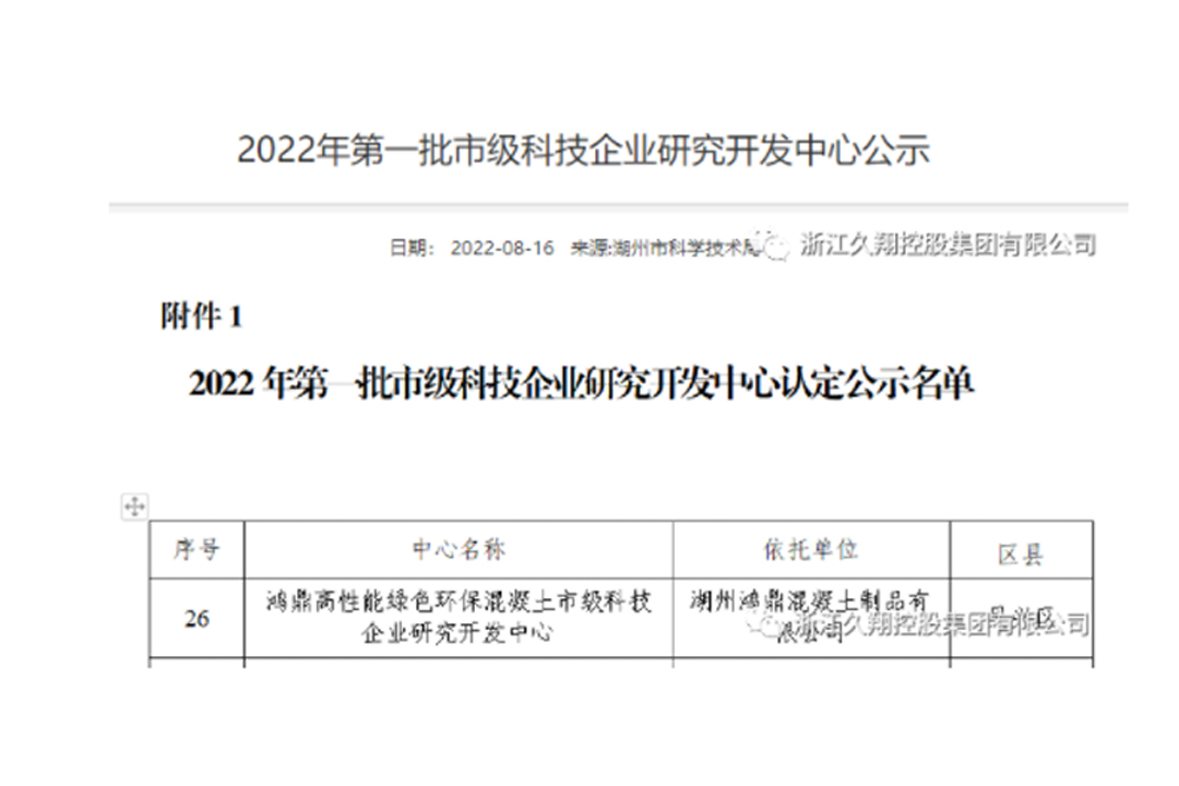湖州鴻鼎混凝土制品有限公司市級科技企業研發中心通過認定！